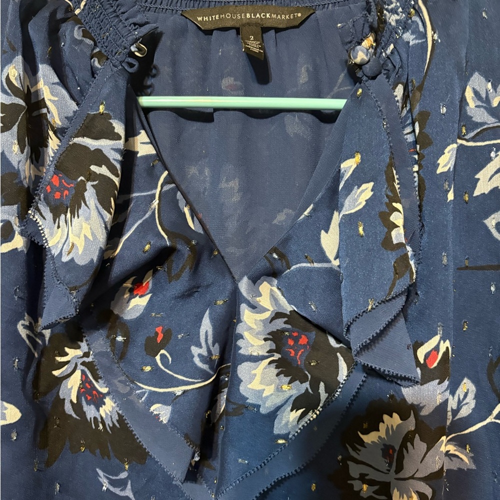 WHBM Navy Sheer Sleeve Floral Blouse Size 2 - Picture 6 of 14